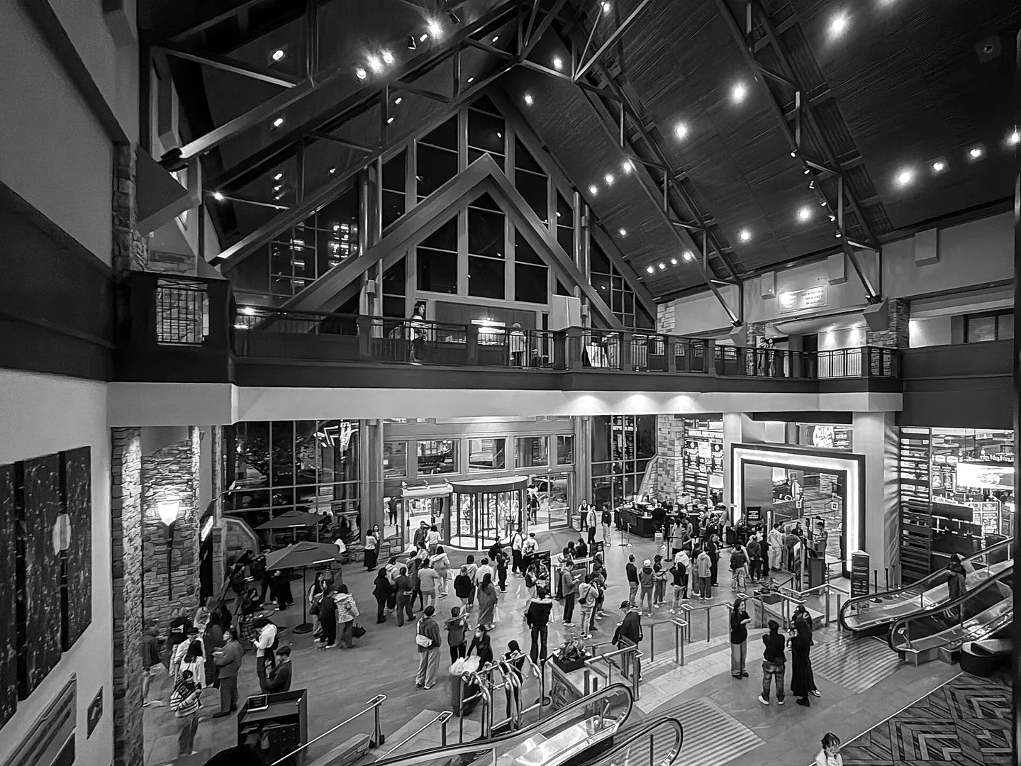 The timber-roofed lobby of River Rock Casino Resort