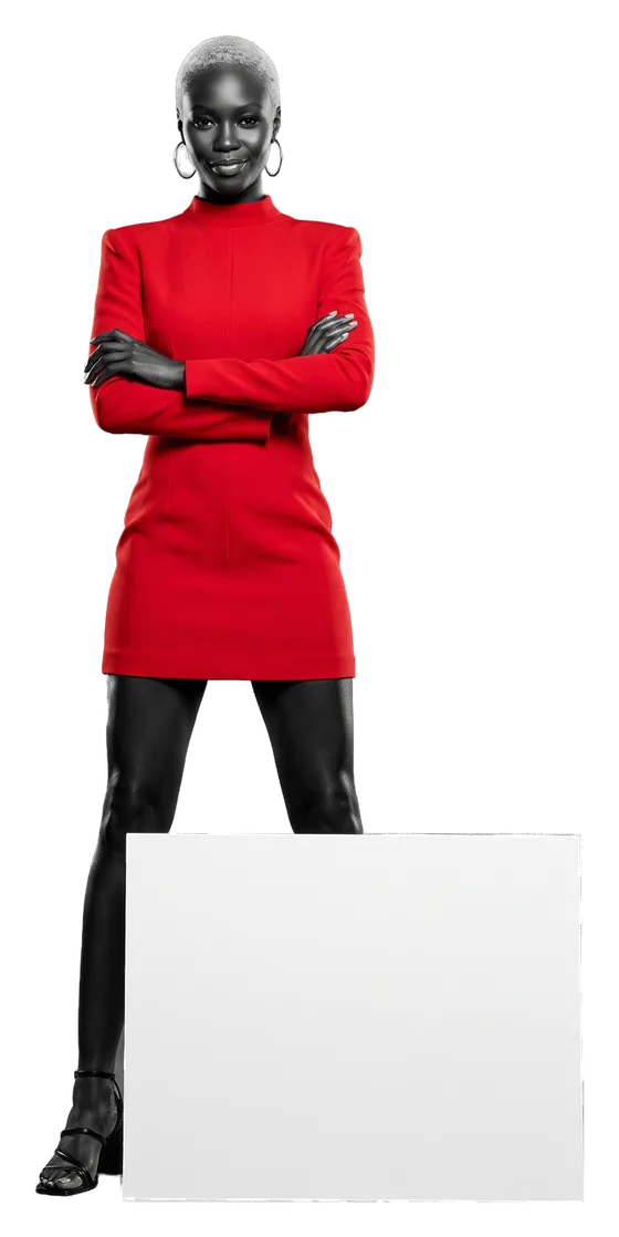 Simone Okafor standing with her arms crossed, a white board at her feet; the board reads: Opened Sept. 29, 2022