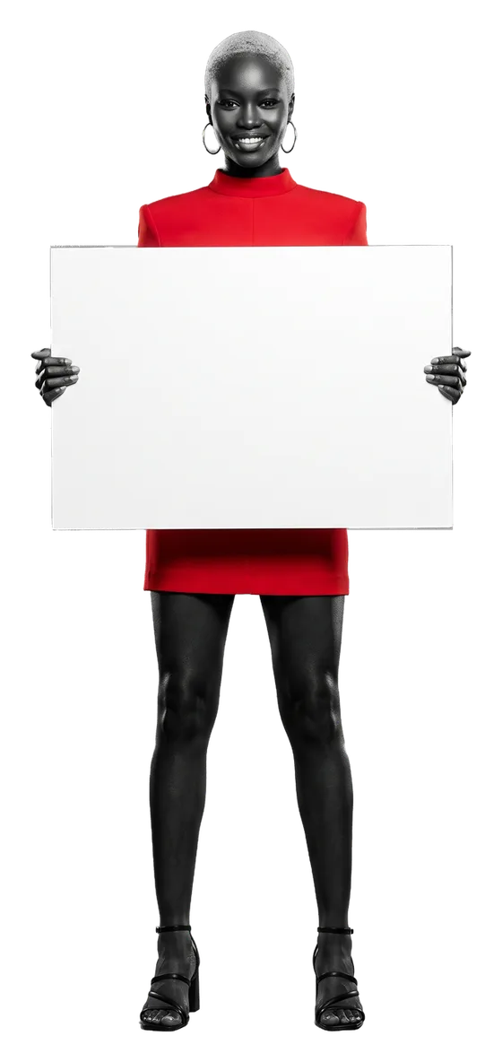 Simone Okafor in a scarlet dress holding a white board at chest height; the board reads: Grand Villa since 2008